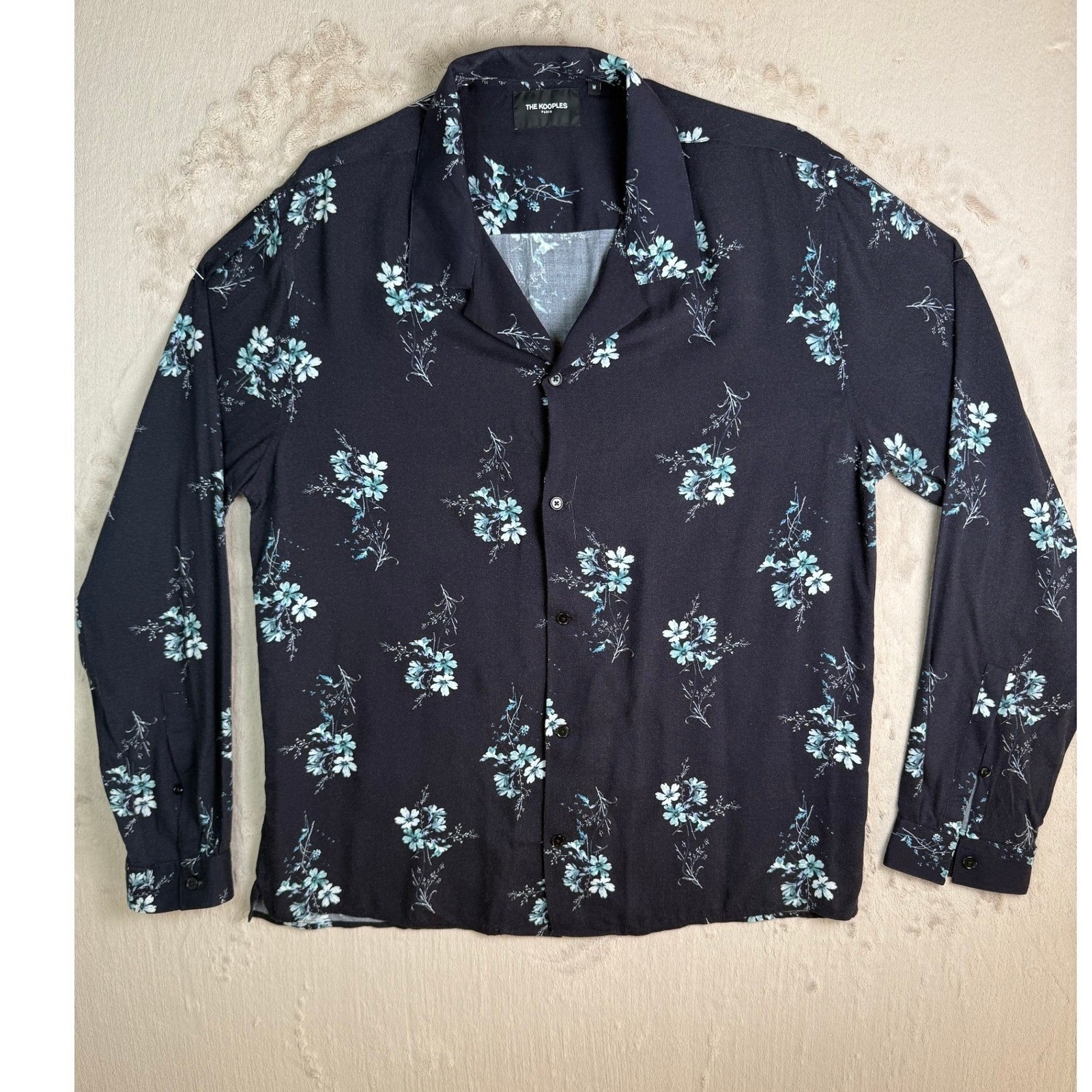 The Kooples Editorialist Floral Shirt Mens M Navy Blue Long Sleeve Viscose Great